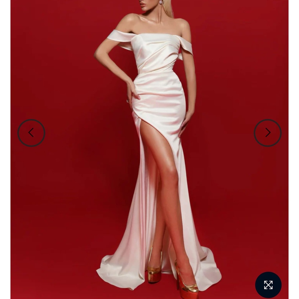 White maxi dress with train and slit
